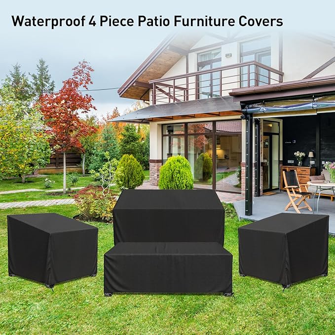Patio Furniture Covers, 4 Piece Heavy Duty Waterproof Outdoor Furniture Cover with Windproof Buckle Strap, Rattan Wicker Patio Furniture Set Cover for Chair Sofa Black (Black, Large)