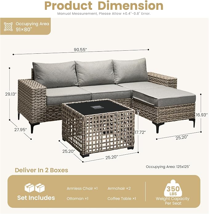 HOOOWOOO Outdoor Sectional Furniture Set with Solar Table,5 Pieces Wicker Patio Conversation Sets,L Shape All Weather Resistant Outside Couch Sofa Ottoman,Charcoal Gray