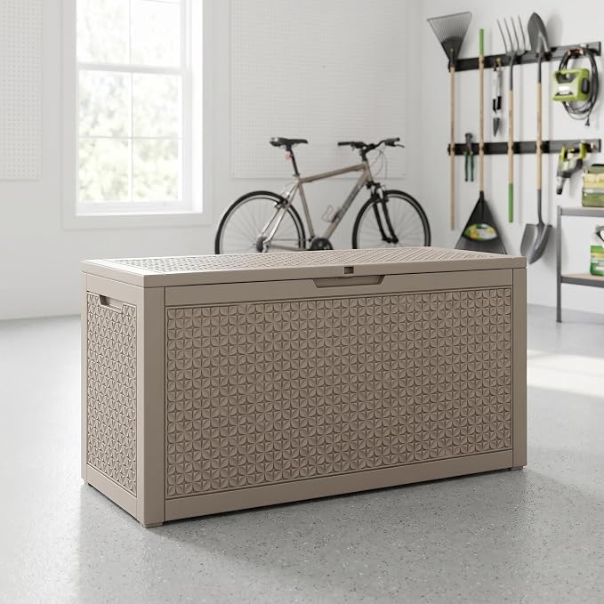 102 Gallon Outdoor Storage Box, Resin Deck Box Waterproof & Lockable, Patio Cushion Storage Bench for Garden, Pool, Furniture & Tools, UV Resistant Heavy Duty, Gray Brown