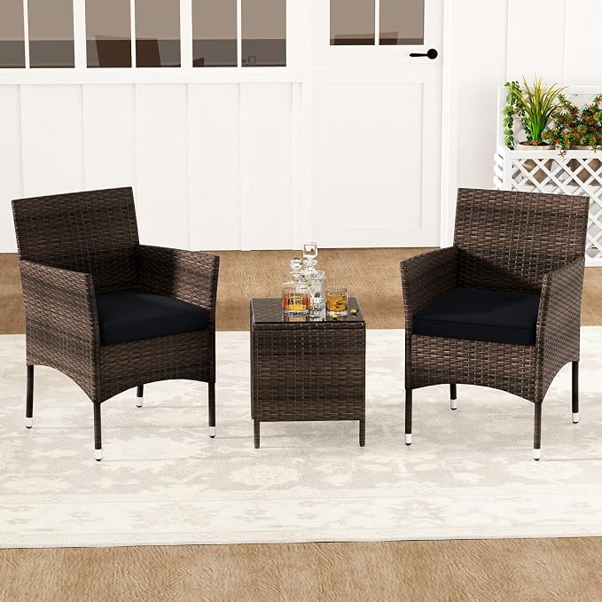 RELAX4LIFE 3-Piece Patio Furniture Set - Rattan Wicker Outdoor Conversation Set w/Cushions & Glass Coffee Table, Balcony Furniture for Porch Garden Backyard, Bistro Table and Chairs Set of 2 (Black)