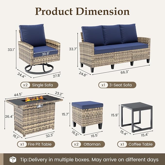 UDPATIO Patio Furniture Set with Fire Pit Table, 7 Pieces Outdoor Conversation Sets with Swivel Chairs and Ottomans, All-Weather Rattan Wicker Patio Sofa Couch for Backyard, Deck, Porch, Navy/Yellow