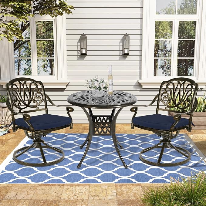 VIVIJASON 3-Piece Patio Furniture Dining Set, Outdoor All-Weather Cast Aluminum Bistro Set, Include 2 Swivel Chairs and 31" Round Table w/Umbrella Hole for Balcony, Lawn, Garden (Navy Blue Cushion)