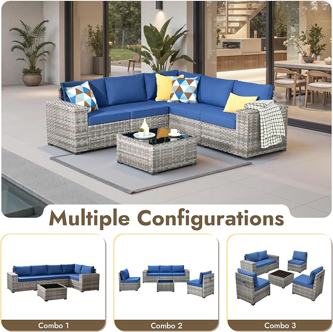 6 Pieces Patio Furniture Set, Wicker Outdoor Sectional Sofa with Coffee Table Comfy Cushions, Modern Modular Deep Seat Rattan Couch Conversation Set for Backyard Porch Yard,Navy Blue