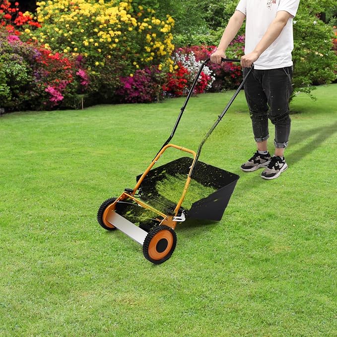 Reel Lawn Mower, 16-Inch Push Lawn Mower w/Grass Collecting Box, Manual Lawn Mower Adjustable Cutting Height Lawnmower, Walk-Behind Lawn Mowers