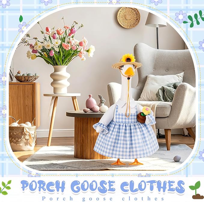 FuWeave Spring Summer Goose Outfit Porch Goose Clothes for 23" Large Statue Outdoor Patio Yard Lawn Art Decoration, Blue Plaid Dress Sunflower Hat