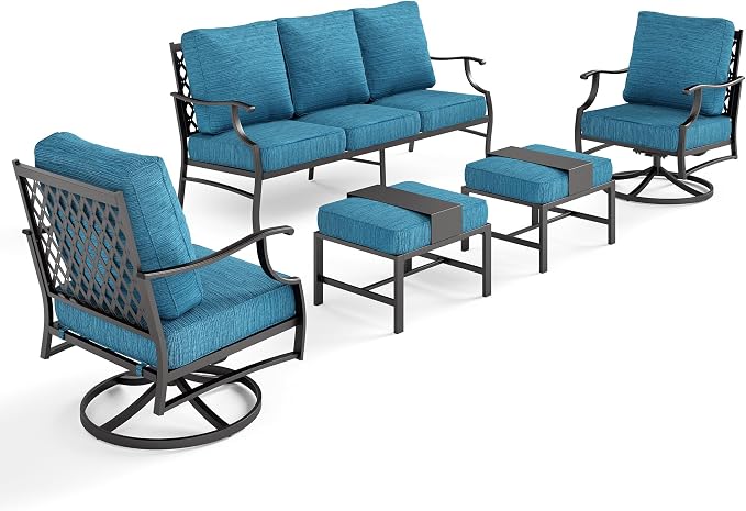 SUNSHINE VALLEY 5 Piece Metal Outdoor Patio Furniture Set, Patio Conversation Sets 3-seater Sofa, 2 Swivel Chairs, 2 Ottomans with 5.75" Thick Cushion, Black All-weather Backyard Furniture Set, Blue-2