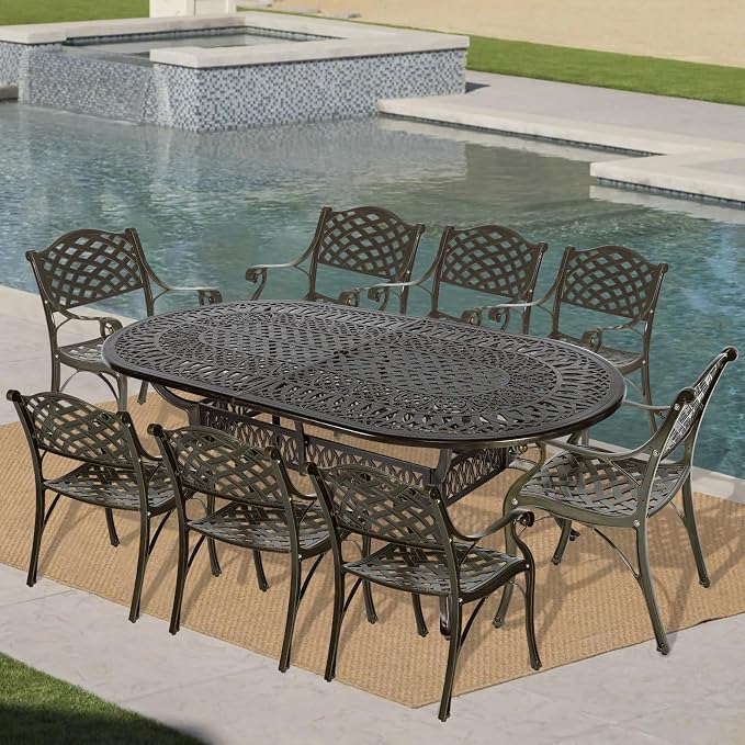 VIVIJASON 9-Piece Outdoor Dining Set, All-Weather Cast Aluminum Retro Patio Dining Set, Include 8 Chairs and an Oval Table with Umbrella Hole for Balcony Lawn Garden Backyard