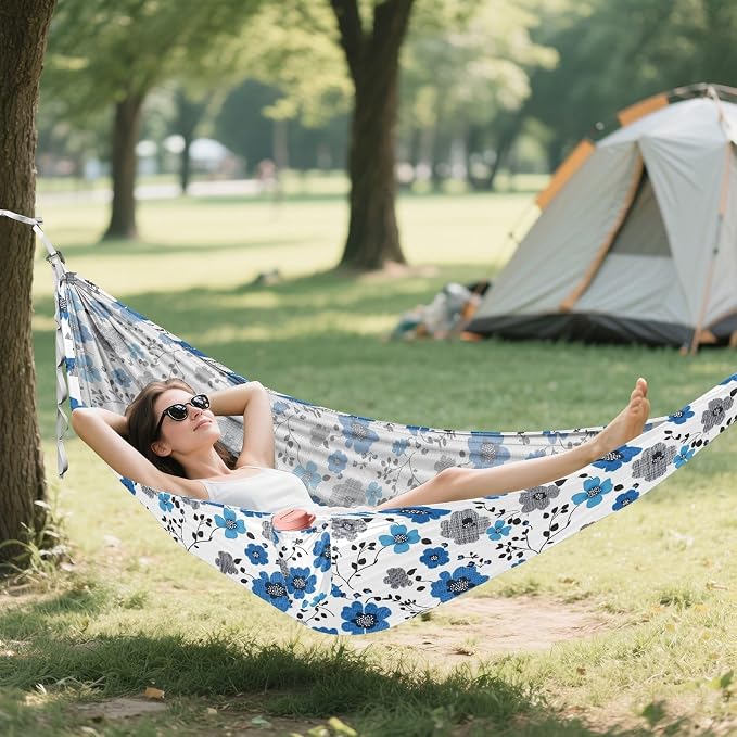 Camping Hammock Outdoor Hammocks for Outside Blue Flower Beach Trees Portable Lightweight with Pockets Tree Straps Indoor