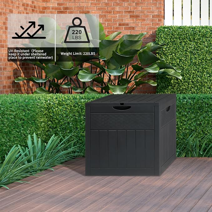 OOD & Rattan Plastic Garden Storage Box,30 Gallon Resin Outdoor Storage Box and Patio Furniture Side Table for Pool and Garden Accessories, Gray