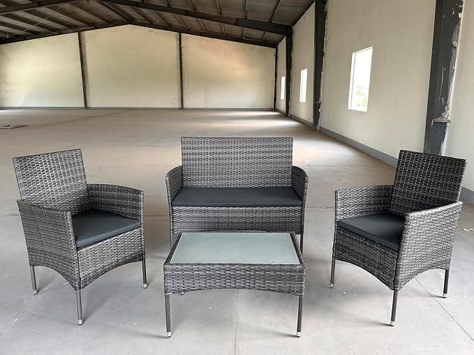 GIANGSUNNY 4 Piece Patio Furniture Set, Outdoor Hand-Woven Wicker Rattan Conversation Set with Double-Sided Tempered Glass Table, Weather-Resistant Seating for Patio, Balcony, Porch, Garden (Grey)