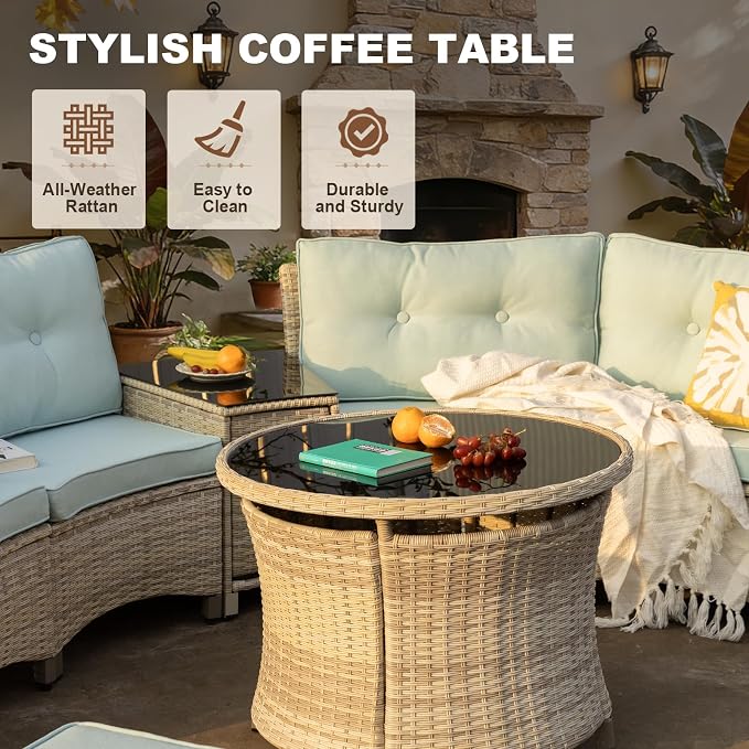 MEISSALIVVE 9-Piece Half-Moon Curved Outdoor Patio Furniture Set, Sectional Conversation Sofa with 2 Swivel Glide Chairs, Round Coffee Table for Backyard Deck Garden, Blue