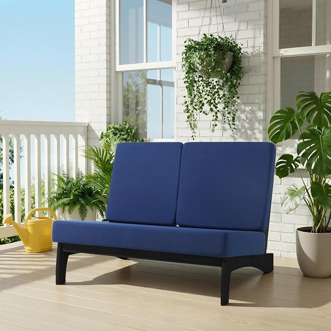 All Weather Patio Furniture Sets, 3 Pieces Black Wood Patio Loveseat Sofa Outdoor Sectional Futniture Backyard Conversation Set with Solid Wooden Coffee Table - Navy Blue