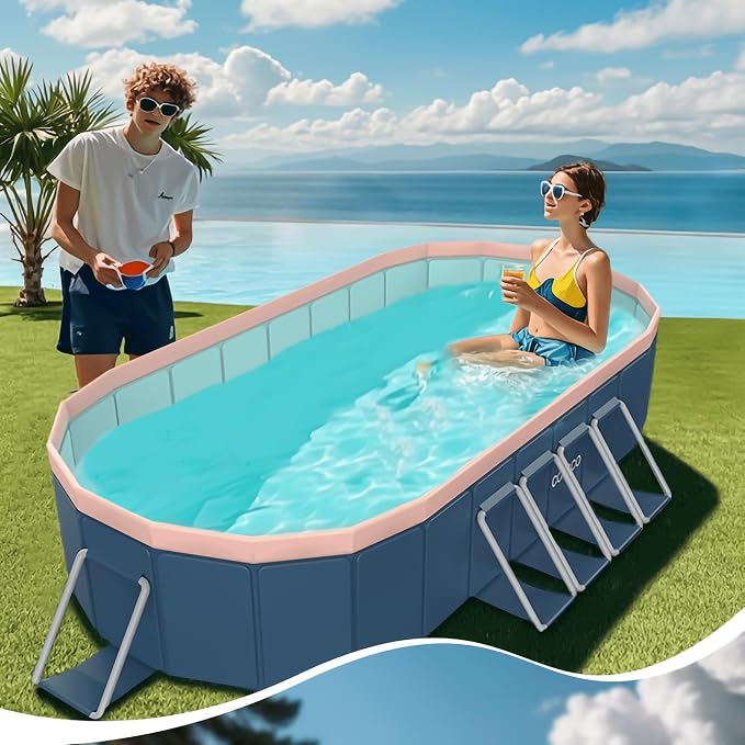 Montary Foldable Large Non-Inflatable Oval Swimming Pool for Family - Hard Plastic Shell, Oversized Thickened Design, Portable Collapsible Backyard Pool-105.5"x63"x20.5"