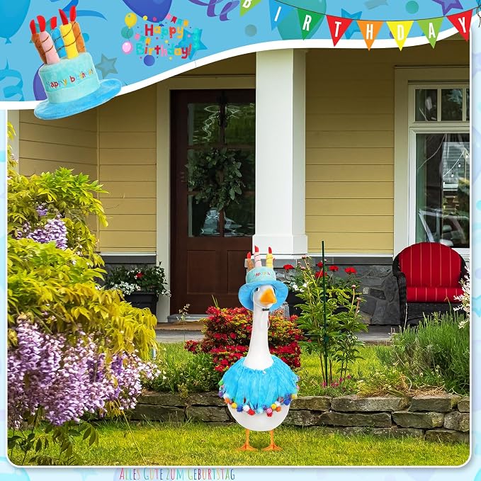 Aliceset Happy Birthday Porch Goose Outfit Lawn Goose Clothes Hat and Tutu Collar Goose Outfits for 23" Cement/Plastic Porch Goose Outdoor Statue Patio Yard Lawn Art(Blue)