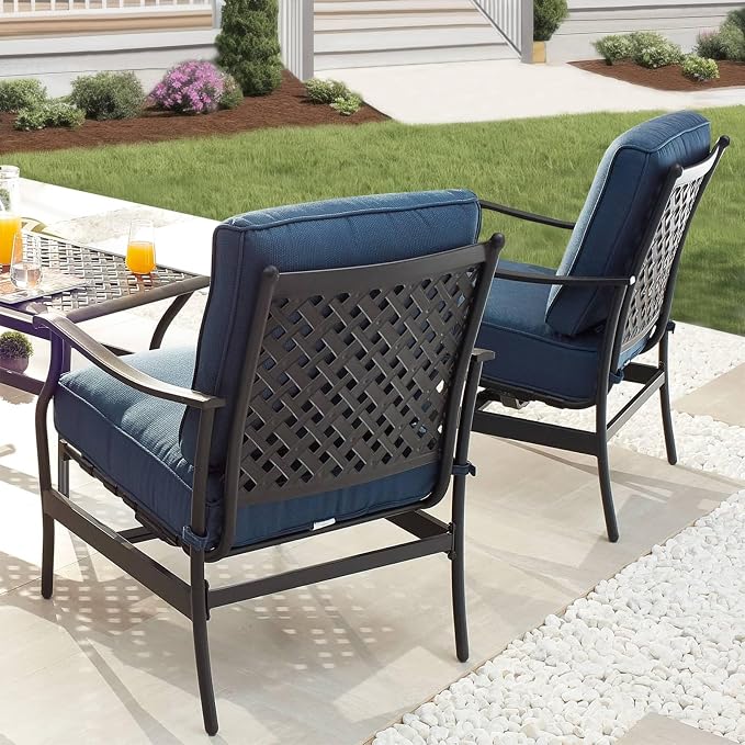 Patio Conversation Set 4 Pieces Cushioned Outdoor Furniture Sets with All Weather Frame for Porch Backyard Lawn (Navy-Blue)