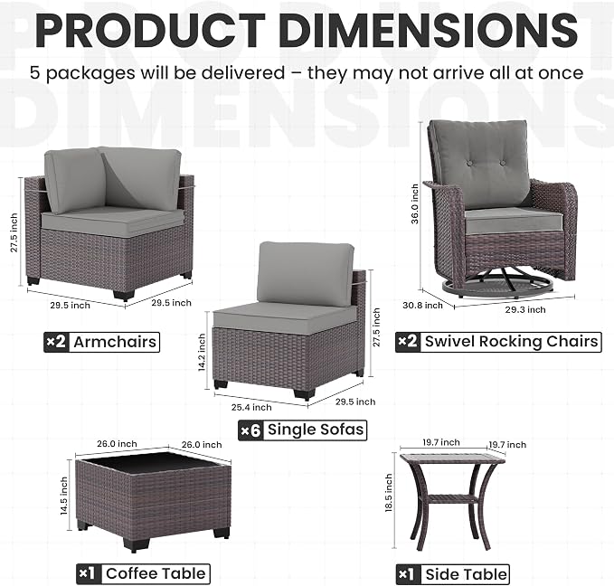 12 Pieces Outdoor Patio Furniture Set,Outdoor Sectional Furniture All Weather PE Rattan Wicker Patio Conversation Set with Coffee Table,Swivel Rocking Chairs Set,Grey