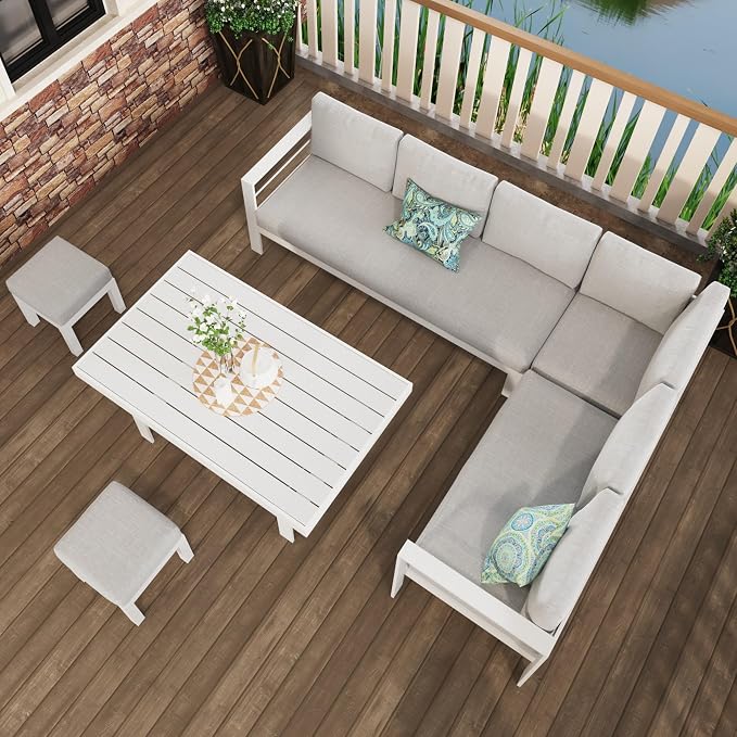 Solaste Aluminum Patio Furniture Set, Metal Patio Sectional Sofa with 2 Ottomans and Imitation Wood Tabletop Dining Table, Modern Outdoor Furniture Couch with Water-Resistant Cushion, White