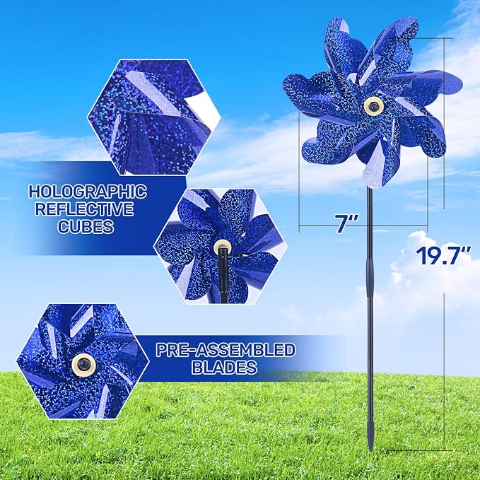BATTIFE Preassembled Reflective Pinwheels for Yard & Garden, Blue, 10 Pack | Sparkly Reflective Material Spinner, Spins Best in Steady Wind, Animal-Deterrent Results Vary by Placement and Conditions