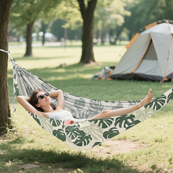 Camping Hammock Outdoor Hammocks for Outside Green Tropical Plants Beach Trees Portable Lightweight with Pockets Tree Straps Indoor Small
