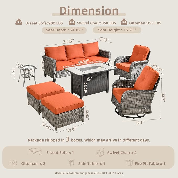 CAODOC 7 Pieces Outdoor Furniture,Patio Furniture with 42" Fire Pit Table,Wicker Conversation Set for Balcony,Deck,Pool and Backyard(Red)
