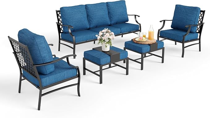 MIXPATIO Patio Furniture Set 5 pcs, Outdoor Patio Furniture, 3-Seat Sofa, 2 Single Chairs, 2 Ottomans and 5.75" Extra Thick Cushion, Conversation Set for Backyard Deck,Gemstone Blue