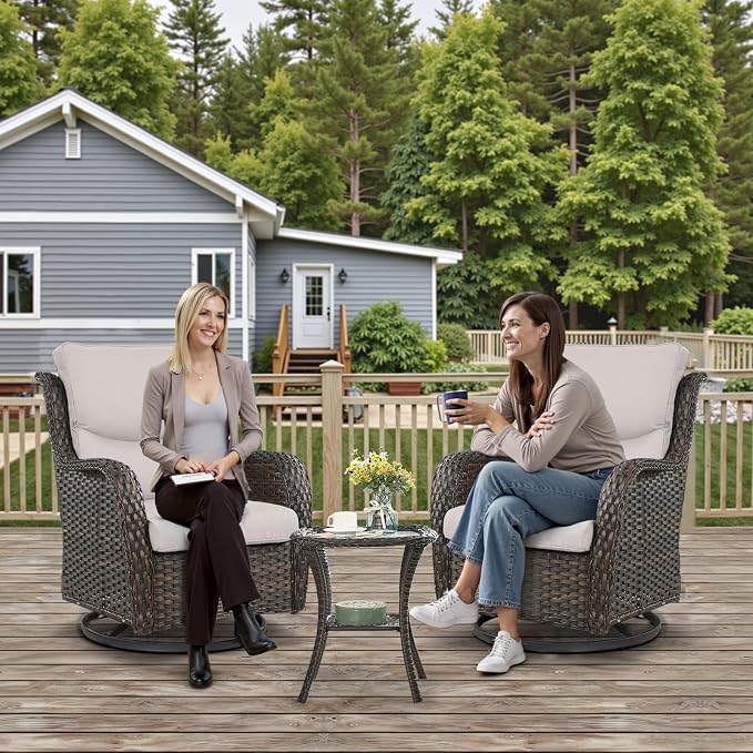 Outdoor Swivel Rocker Patio Chairs with 5" Thick Cushion - 3 Piece Wicker Bistro Set with Side Table, High Back Comfty Outdoor Glider Chairs for Balcony, Porch, Deck, Poolside - Brown/Beige