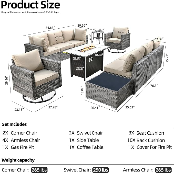 CAODOC 11 Piece Outdoor Patio Furniture Set with 42" Fire Pit Table, Wicker Sectional Conversation Set Whit Swivel Chairs,Modern Outside Sofa for Balcony Backyard(Beige)