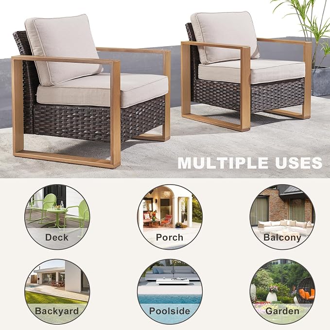 Rilyson 3 Piece Wicker Patio Furniture Set,Patio Bistro Set with 2 Rattan Armrest Chairs and 1 Side Table,Sturdy Frame,All-Weather PE Wicker,Wide Armrest,Deep Seating and Thick Cushions(Brown/Beige)