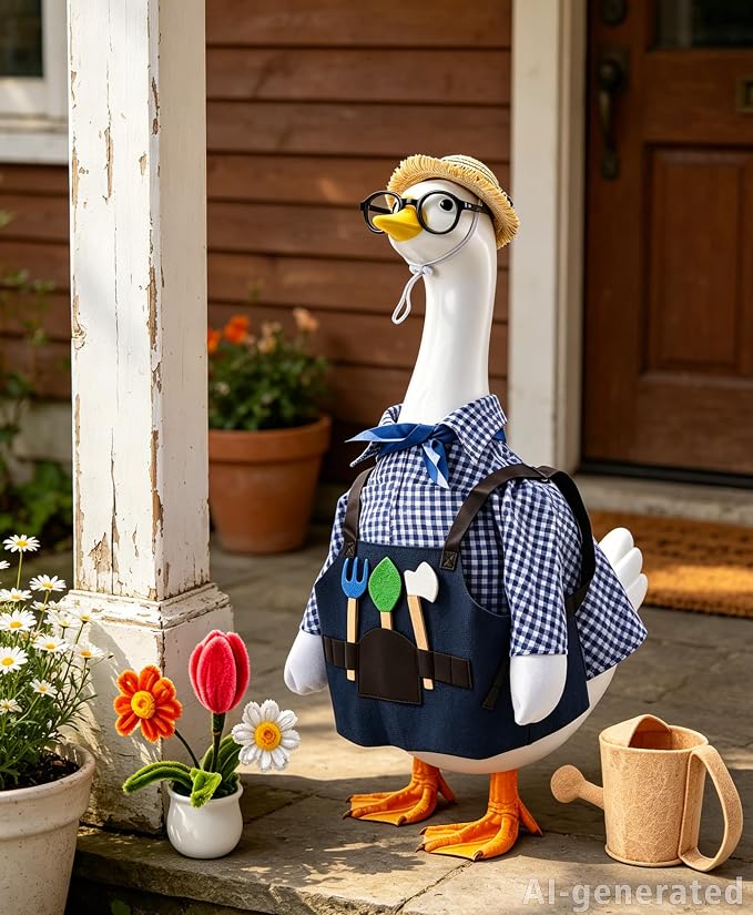 SIQUK Gardener Porch Goose Outfit Porch Goose Clothes Fit 23'' Geese Statue | Porch Goose Costume, With Hat Glasses Scarf Tools Watering Can Flower Pot, For Spring Summer Garden Yard Lawn Decor