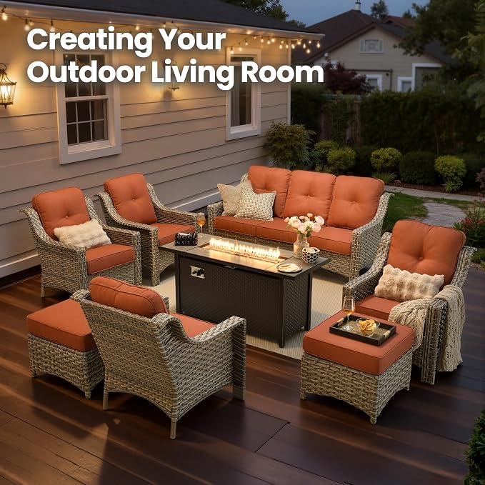 8 Piece Patio Furniture Set with Fire Pit Table, All Weather Wicker High Back Sofa Chairs Ottoman with Thick Cushion, Outdoor Conversation Sets for Large Backyard Deck Garden, Bold Orange