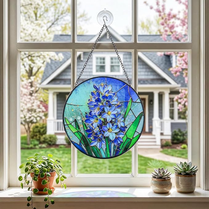 Stained Glass Window Hanging, Hyacinth Suncatcher 7.8 in Sun Catcher Glass Panel Boho Wall Art Decor with Chain Diamond Glass Panel Hangings Scenery Sun Catchers Decor for Lover Couple Mom