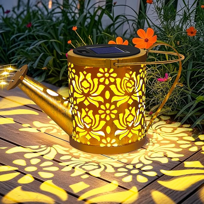 Solar Lights Outdoor Decorative, Watering Can with Cascading LED Lights on Butterfly Shepherd's Hook, Solar Garden Stake Decor for Patio Yard Pathway, Gift for Women Mom