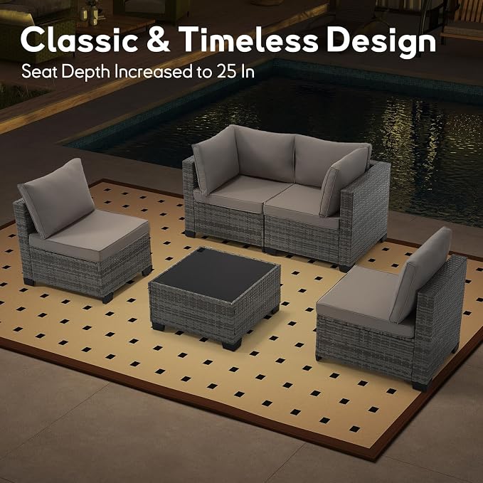 Bonzy Home 5 Pieces Outdoor Patio Furniture Set, PE Rattan Outdoor Sectional Furniture Sofa Set with Removable Cover and Glass Coffee Table, Patio Sofa for Balcony, Porch, Garden, (Grey-Grey