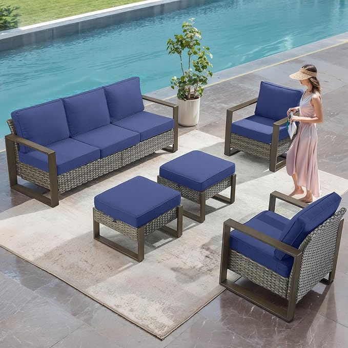 Belord 5 Piece Outdoor Wicker Patio Conversation Furniture Set Deep Seating, Metal Wide Armrests Patio Sofa Set with Rattan Chairs Ottomans for Porch Deck Sunroom Backyard
