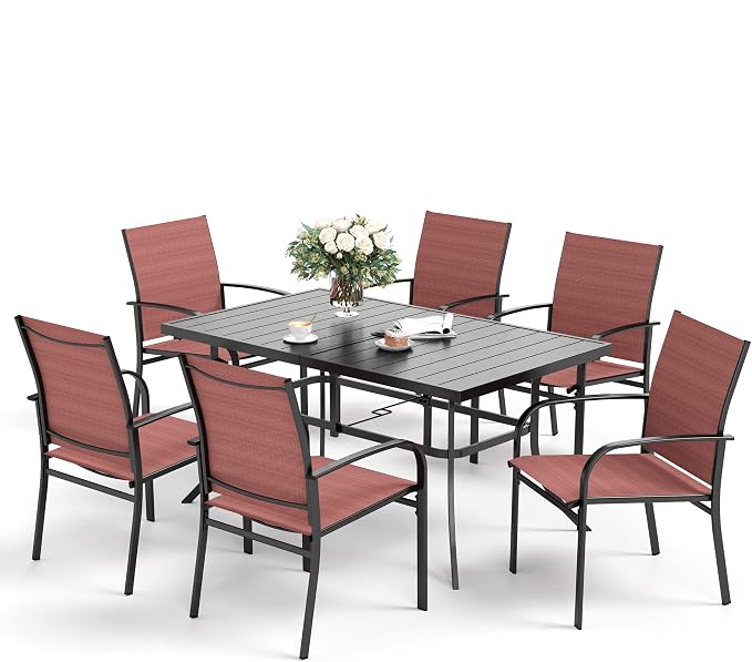 SUNSHINE VALLEY Patio Dining Set 7 PCS, Rectangular Steel Dining Table with 1.57" Hole, Red Stable Dining Chairs for 6,Patio Table and Chairs for Outdoor Lawn Garden,Deck.