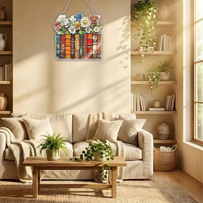 Stack of Book Acrylic Suncatcher, Bookish Suncatchers for Window Hanging Ornament, Art Garden Decor for Book Lover Reader Bookworm, Gifts for Mother's Day, Mom, Grandma, Wife, Women, Nana