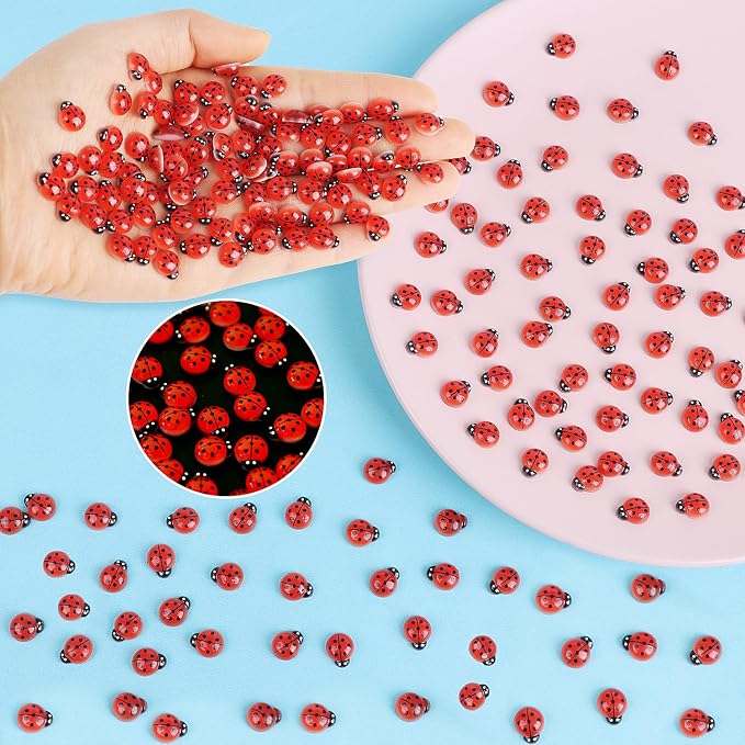 KIMOBER 100PCS Mini Luminous Ladybug Miniature Figurines,Glow in Dark Resin Animals Ladybug Figures for Fairy Garden Micro Landscape Decor Cake Topperr