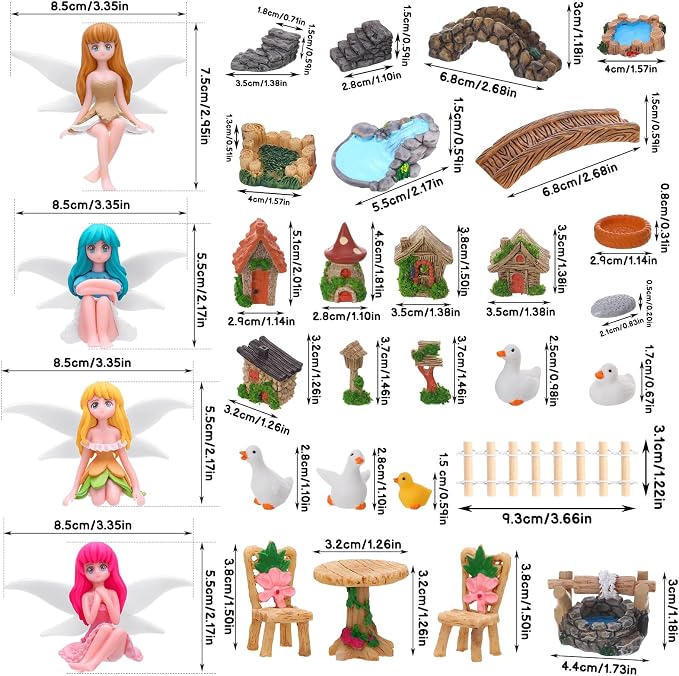 35 Pcs Fairy Garden Accessories Miniatures Garden Kit with Resin Fairies, Duck, Mushroom House & Bridge Miniature Accessories for Terrarium, Dollhouse & Outdoor Decor