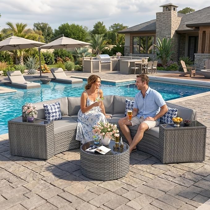 ABCASA Outdoor Patio Furniture Set with Coffee Table,7 Pieces Half-Moon Curved Outdoor Sectional Sofa and Side Table Waterproof Cover, Wicker Rattan Patio Coversation Set for Porch,Backyard(Grey)