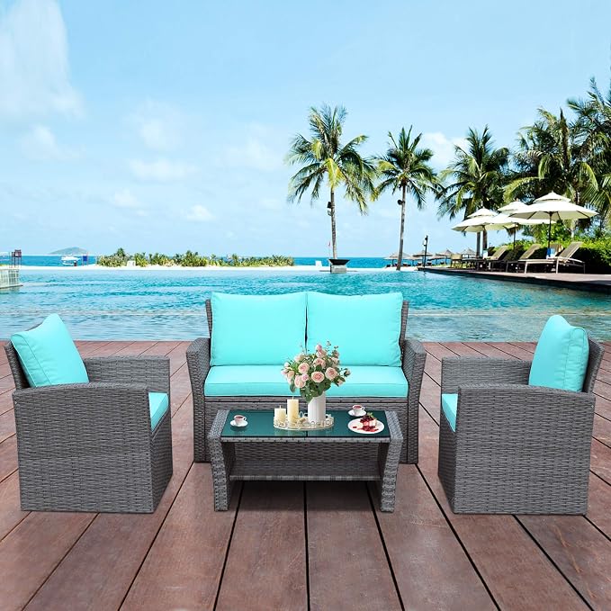 RELAX4LIFE 4 PCS Wicker Patio Furniture Set with Soft Cushions & Tempered Glass Table Outdoor Rattan Sofa Set for Backyard Garden Balcony Poolside Sectional Conversation Couch Set (Turquoise)