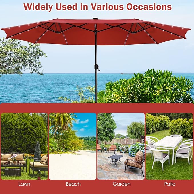 Giantex Large Outdoor Umbrella Double-Sided, 48 Solar Lights, Auto-Charging Solar Panel, Extra Large Patio Umbrella with Base and Crank, Outdoor Market Umbrellas for Poolside Garden