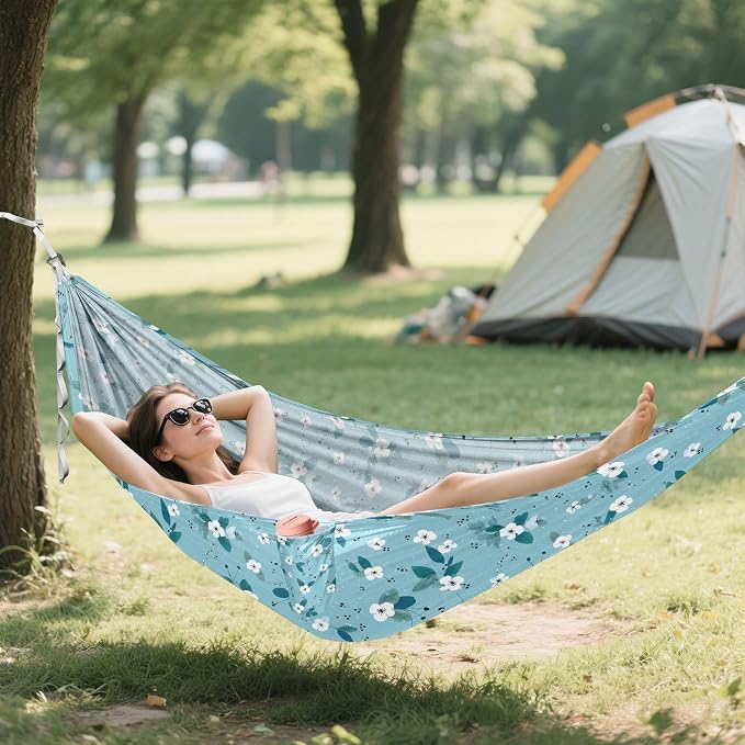 Camping Hammock Outdoor Hammocks for Outside Blue White Floral Cute Beach Trees Portable Lightweight with Pockets Tree Straps Indoor
