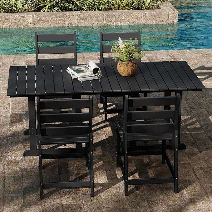 GREENVINES 5-Piece-Outdoor-Table-and-Chairs | HDPE | Patio Furniture | Slatted Dining Sets for 4 | Armless Chair | Connectable Tables | All Weather | for Backyard Poolside Garden | Black