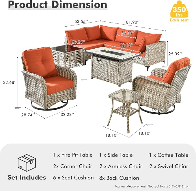 Outdoor Sectional Patio Furniture Set,9 Pieces All Weather Rattan Wicker Conversation Sets with Fire Pit,Out Door Furniture with Swivel Chairs Glowing Coffee Table,Orange Line