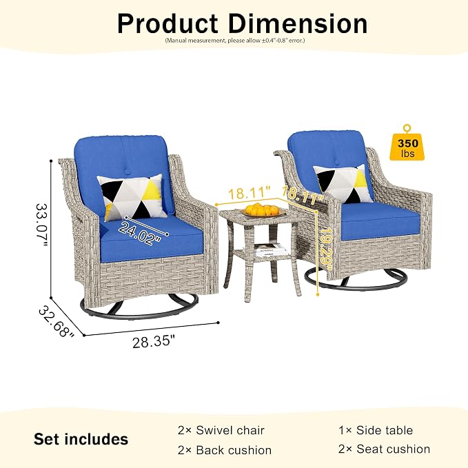 HOOOWOOO 3 Piece Patio Furniture Bistro Sets,Outdoor Wicker Swivel Rocking Chairs with Table Set,All Weather Resistant High Back Rattan Conversation Set(Navy Blue)