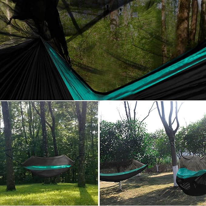Gold Armour Camping Hammock - Camping Essentials, Double Hammock with Bug Net, Camping Gear Hammock for Outside, Hiking, and Travel (Black & Seafoam)