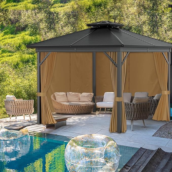 10'x10' Privacy Gazebo Curtains Outdoor Waterproof, 4-Panels Sidewall Curtains Universal Replacement with Zipper for Patio, Backyard, Garden (Only Curtains, Khaki)