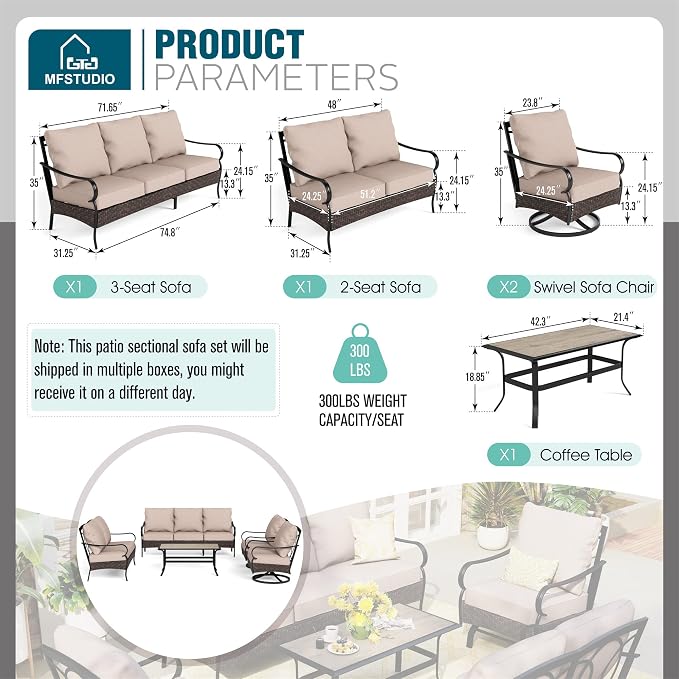 MFSTUDIO Outdoor Patio Furniture Set, 5 PCS Metal Patio Conversation Sets for 7, Modern Patio Sectional Set with High Back 3-Seat Sofa, Loveseat, 2 Swivel Sofa Chairs, 1 Coffee Table