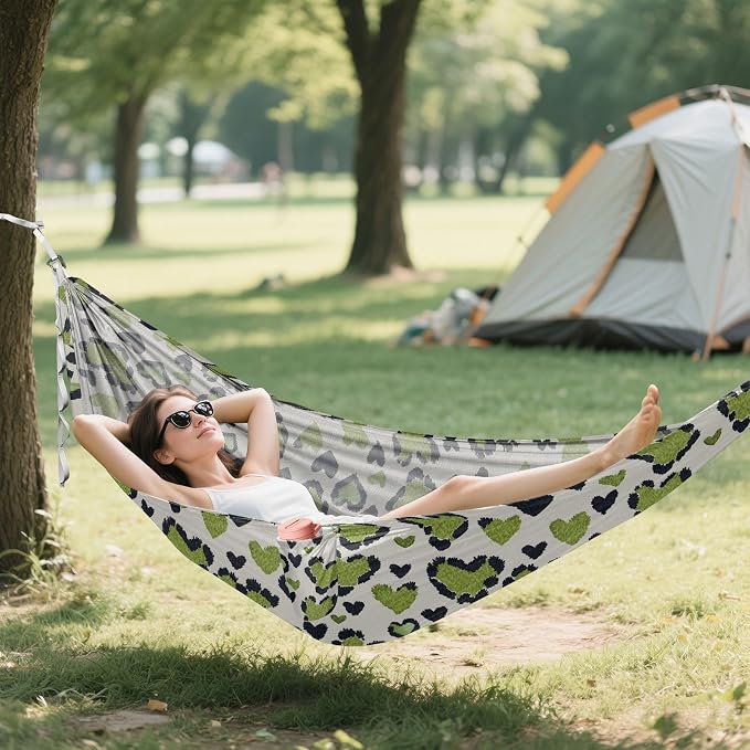 Camping Hammock Outdoor Hammocks for Outside Green Heart Leopard Beach Trees Portable Lightweight with Pockets Tree Straps Indoor