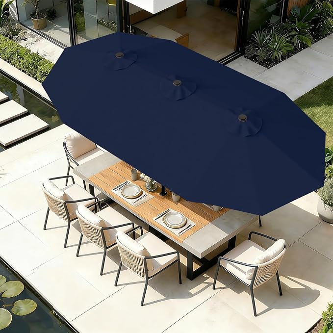 AreShark 15FT Outdoor Patio Umbrella with Crank, Large Rectangular Market Umbrella, Double-Sided Outdoor Umbrellas with Cross Base & Sandbag for Porch, Lawn, Pool, Backyard, Navy